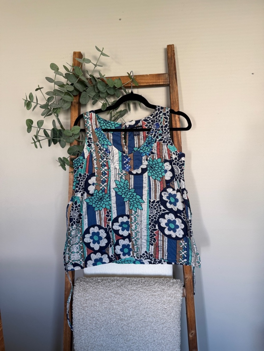 Sleeveless Floral Stripe Tank Top - Navy & Teal